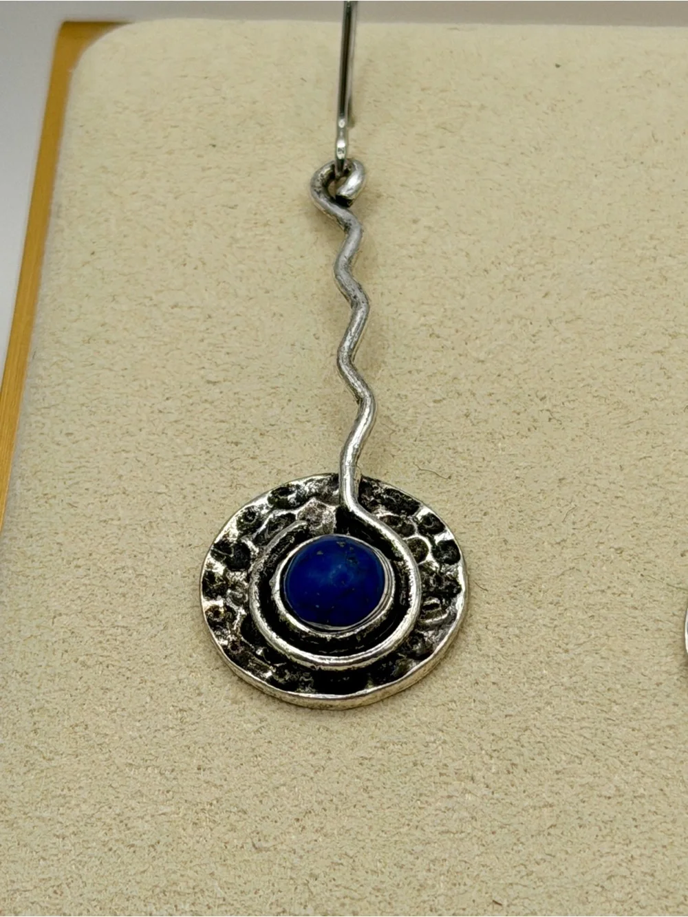 Artisan Sterling Silver Lapis Lazuli Wavy Drop Hammered Disc Dangle Earrings